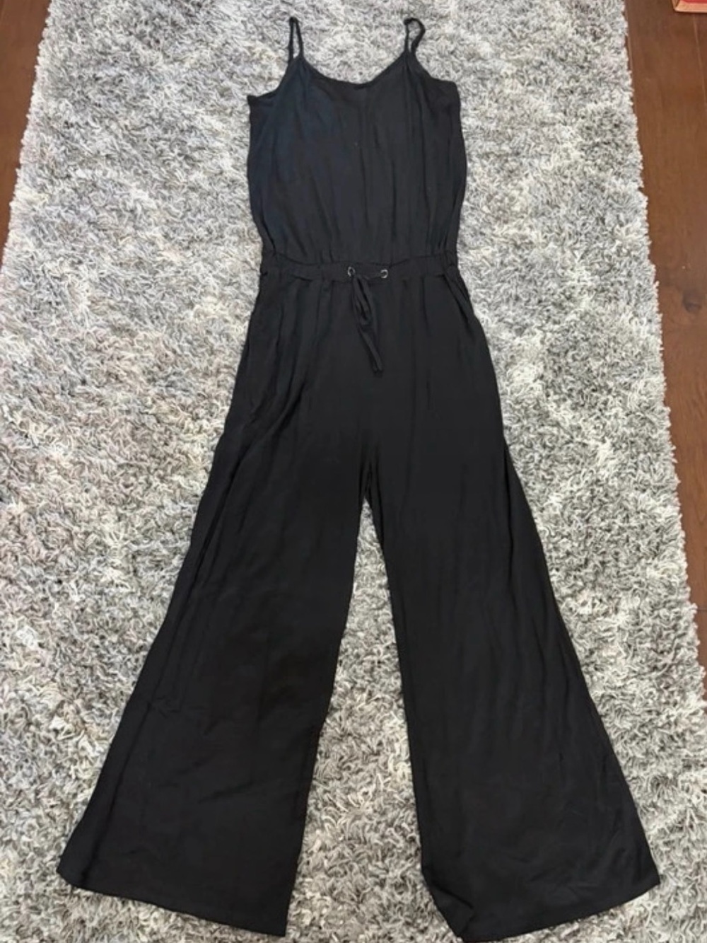 Black Wide-Leg Spaghetti-Strap Jumpsuit with Tie Waist